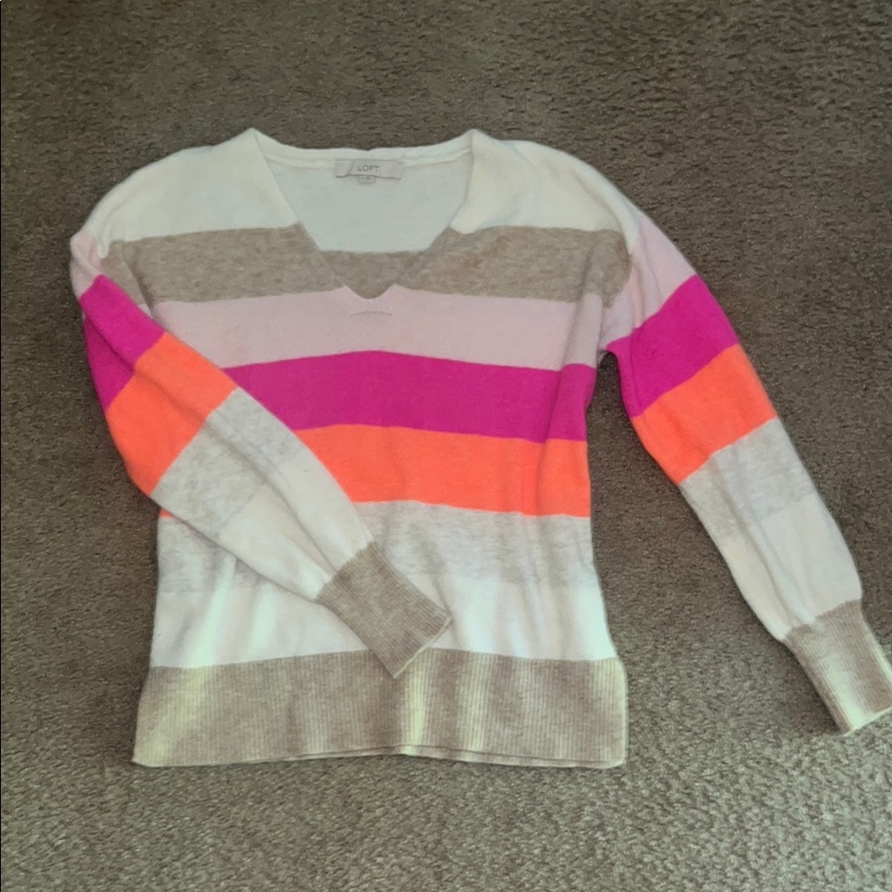 LOFT V-Neck Sweater with Pink, Orange, Gray, and White Stripes